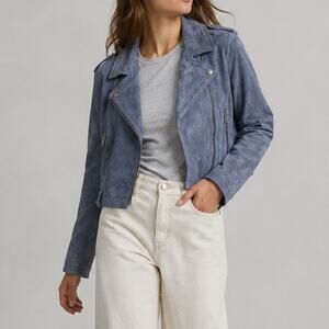 Blank NYC Morning Suede Moto Jacket Womens M Blue Long Sleeve Zip